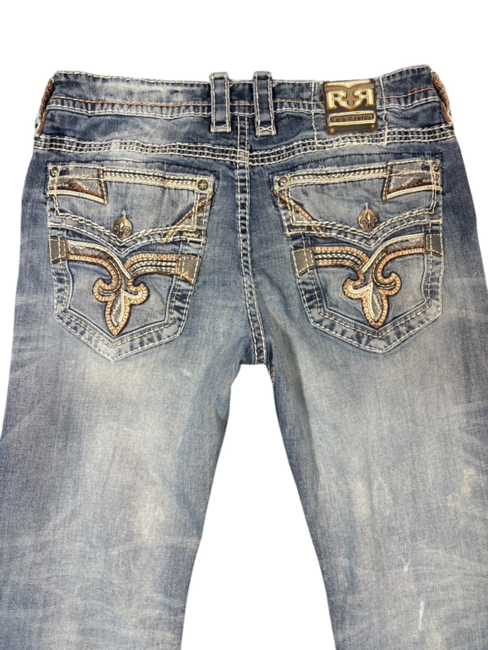 Rock Revival Jeans Sz36 Bootcut Distressed Fleur De Lis Embroidered Thick Stitch - Picture 6 of 16